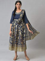 Thumbnail for AURELIA Navy Blue Ethnic Motifs A-Line Midi Dress