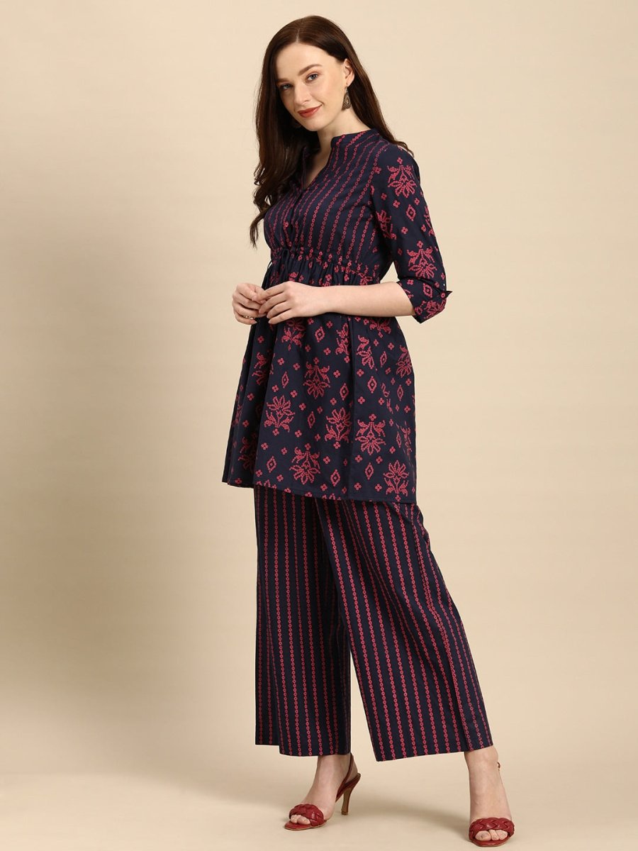 All About You Women Blue & Pink Bandhani Printed Pleated Kurti with Palazzos - Distacart
