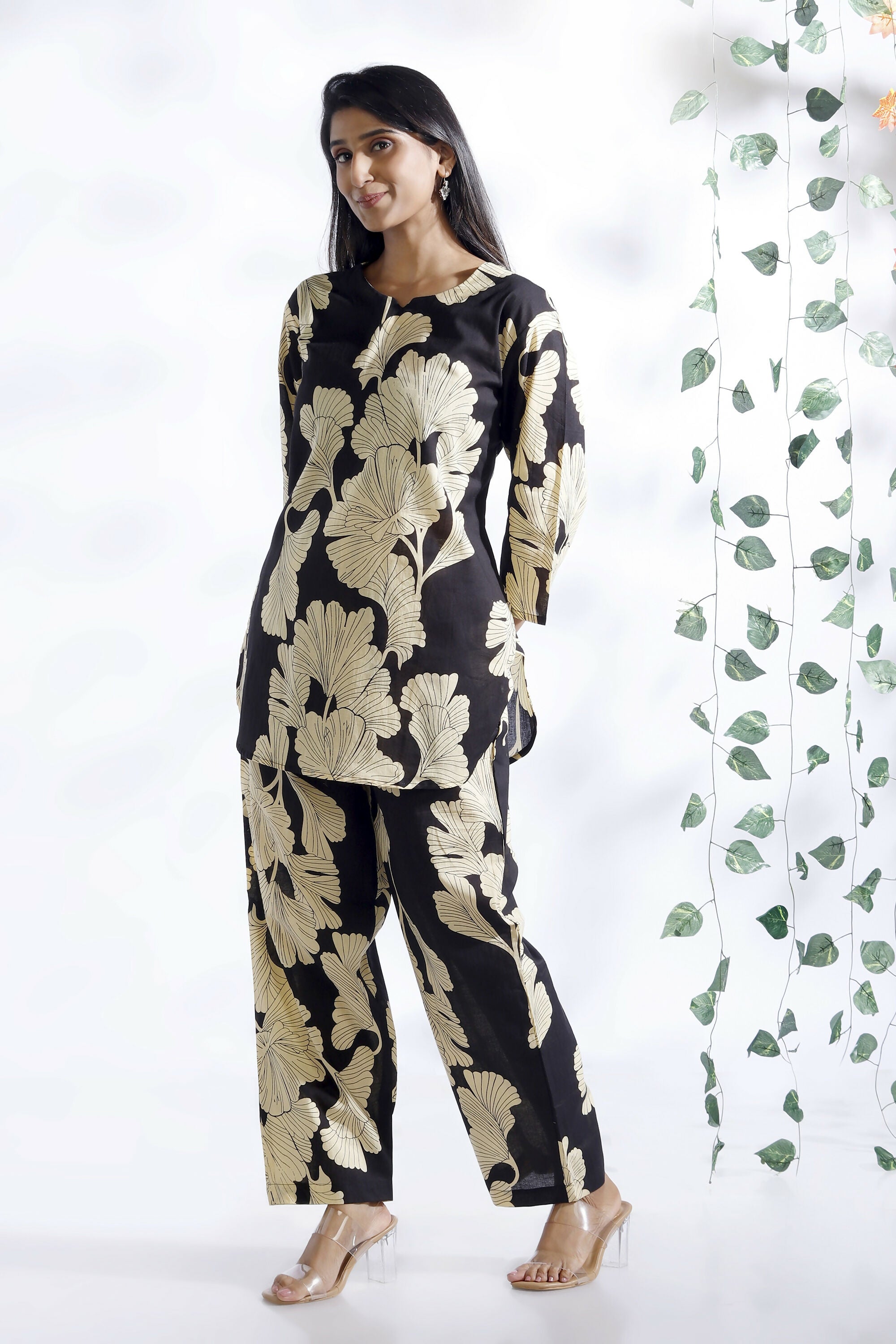 Breathables Black Floral Cotton Kurta & Pant Co-Ord Set - Dista