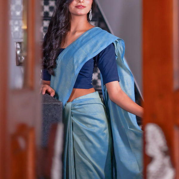 Zibaa Hand-Dyed Mul Cotton Teal Blue Saree with Tassels