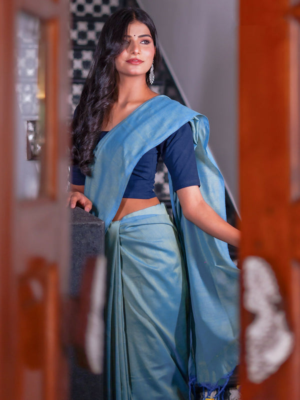 Zibaa Hand-Dyed Mul Cotton Teal Blue Saree with Tassels