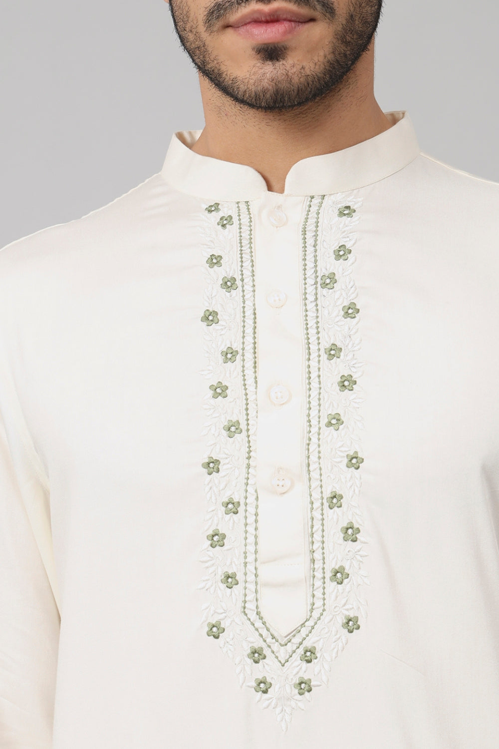 Floral Neckline Embroidered Cotton Kurta by Hilo Design - Distacart