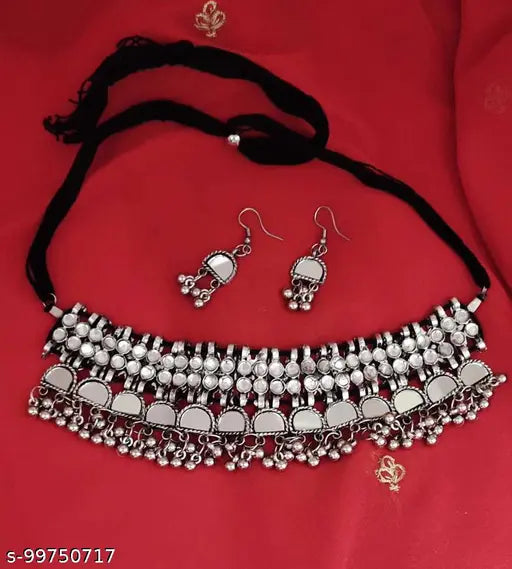 Tehzeeb Creations Women's Silver Plated Necklace Set With Mirror Design - Distacart
