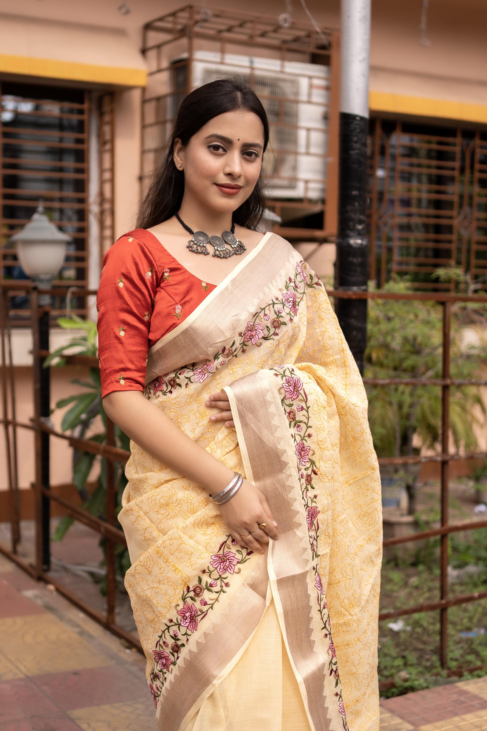 Yellow Pure Linen Woven Design Saree with Unstitched Blouse - Hiral Fashion - Distacart