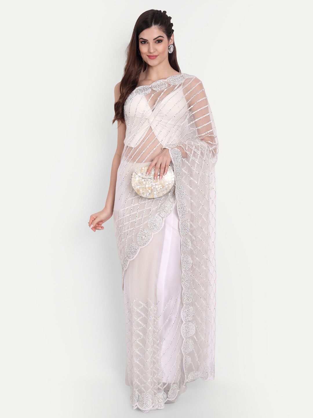 kasee Women White Floral Embroidered Net Saree - Distacart