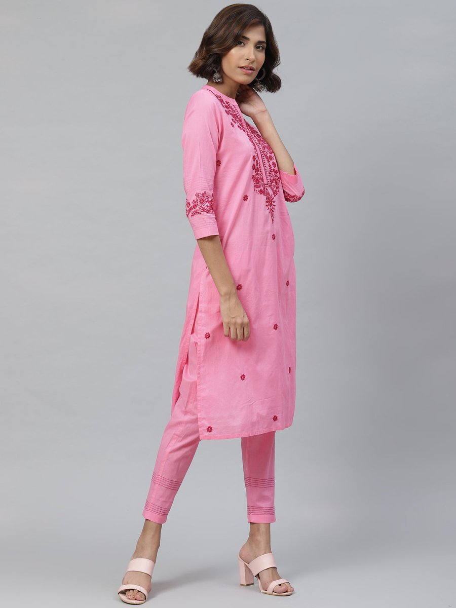 ADA Women Pink & Red Chikankari Embroidered Sustainable Handloom Kurta with Trousers - Distacart
