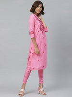 Thumbnail for ADA Women Pink & Red Chikankari Embroidered Sustainable Handloom Kurta with Trousers - Distacart