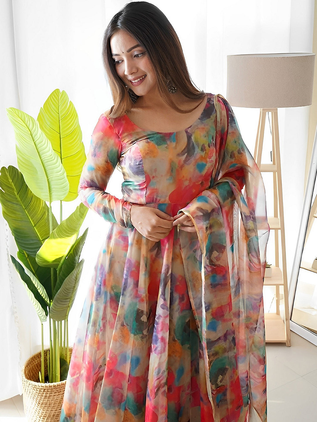 Kalini Abstract Printed Gotta Patti Anarkali Kurta With Trousers & Dupatta - Distacart