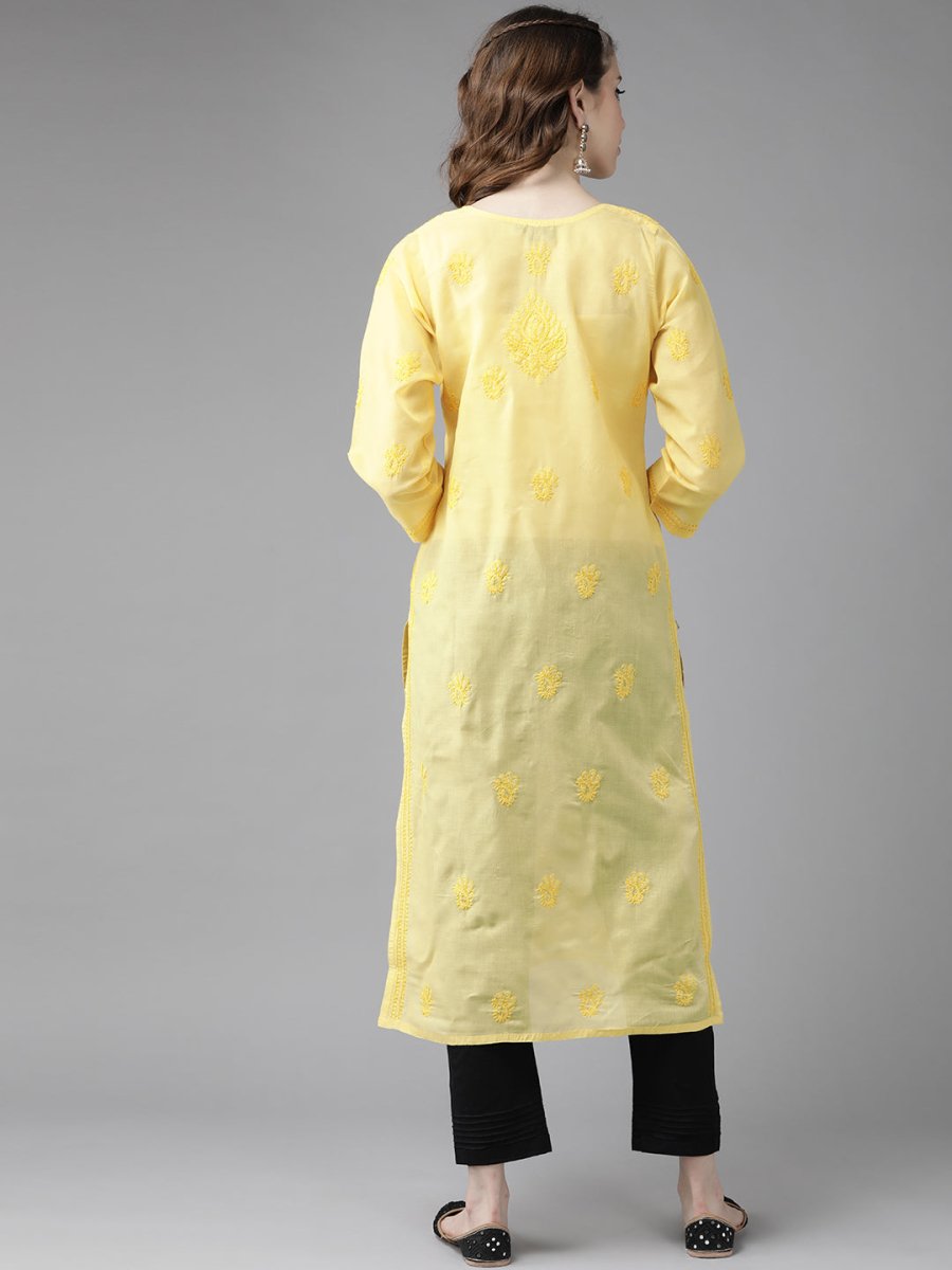 ADA Women Yellow & Black Chikankari Embroidered Handloom Kurta with Cotton Trousers - Distacart