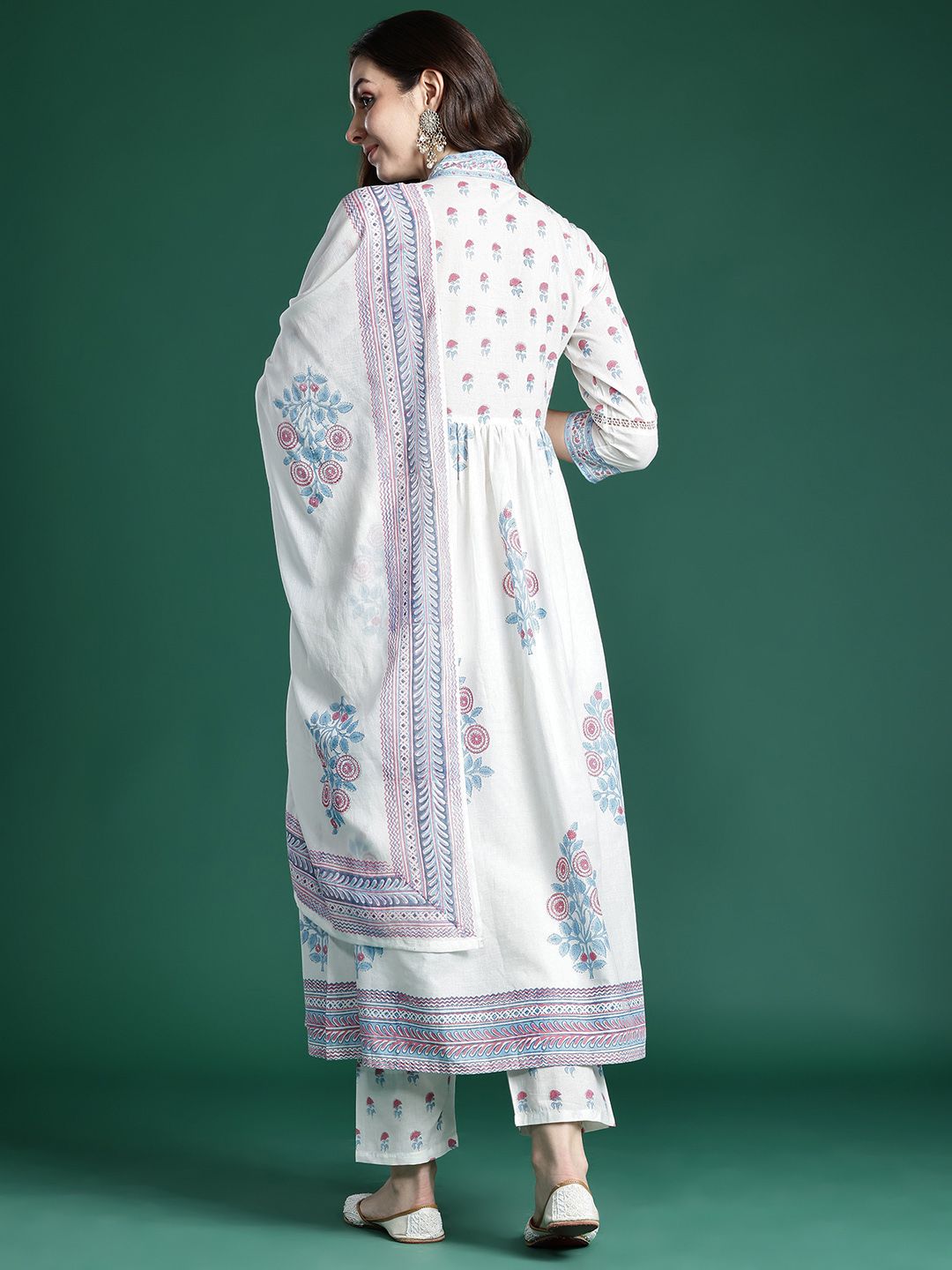 Indo Era Floral Printed Pure Cotton Kurta with Trousers & Dupatta