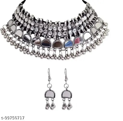 Tehzeeb Creations Women's Silver Plated Necklace Set With Mirror Design - Distacart