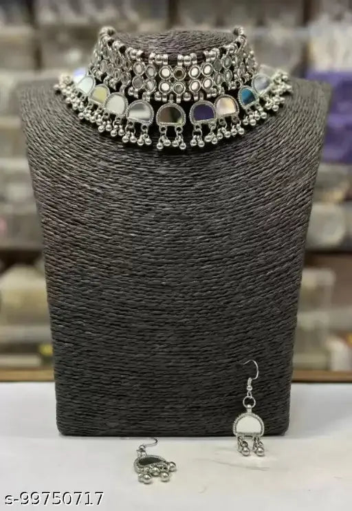 Tehzeeb Creations Women's Silver Plated Necklace Set With Mirror Design - Distacart