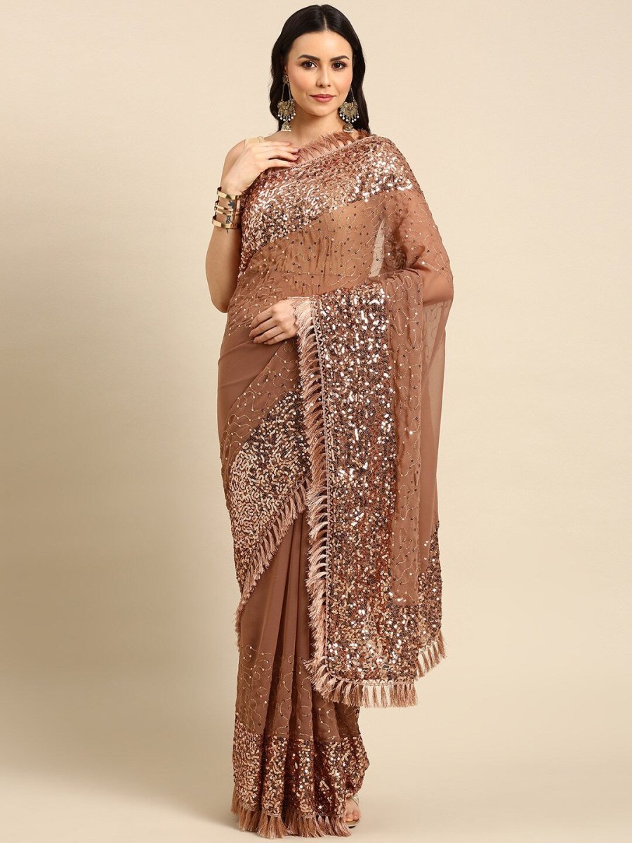Anouk Nude-Coloured & Gold-Toned Sequin Embellished Pure Georgette Saree - Distacart