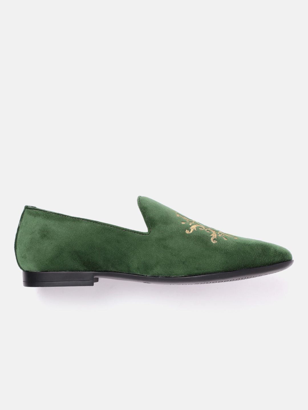 House of Pataudi Men Green & Gold-Toned Embroidered Velvet Finish Handcrafted Slip-Ons