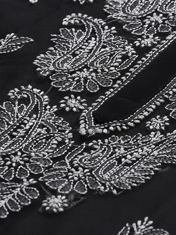 ADA Women Black & White Paisley Chikankari Embroidered Straight Handloom Kurta - Distacart