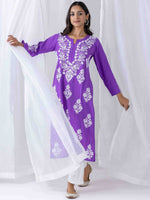 Thumbnail for HOUSE OF KARI Floral Chikankari Embroidered Notched Round Neck Straight Kurta - Distacart
