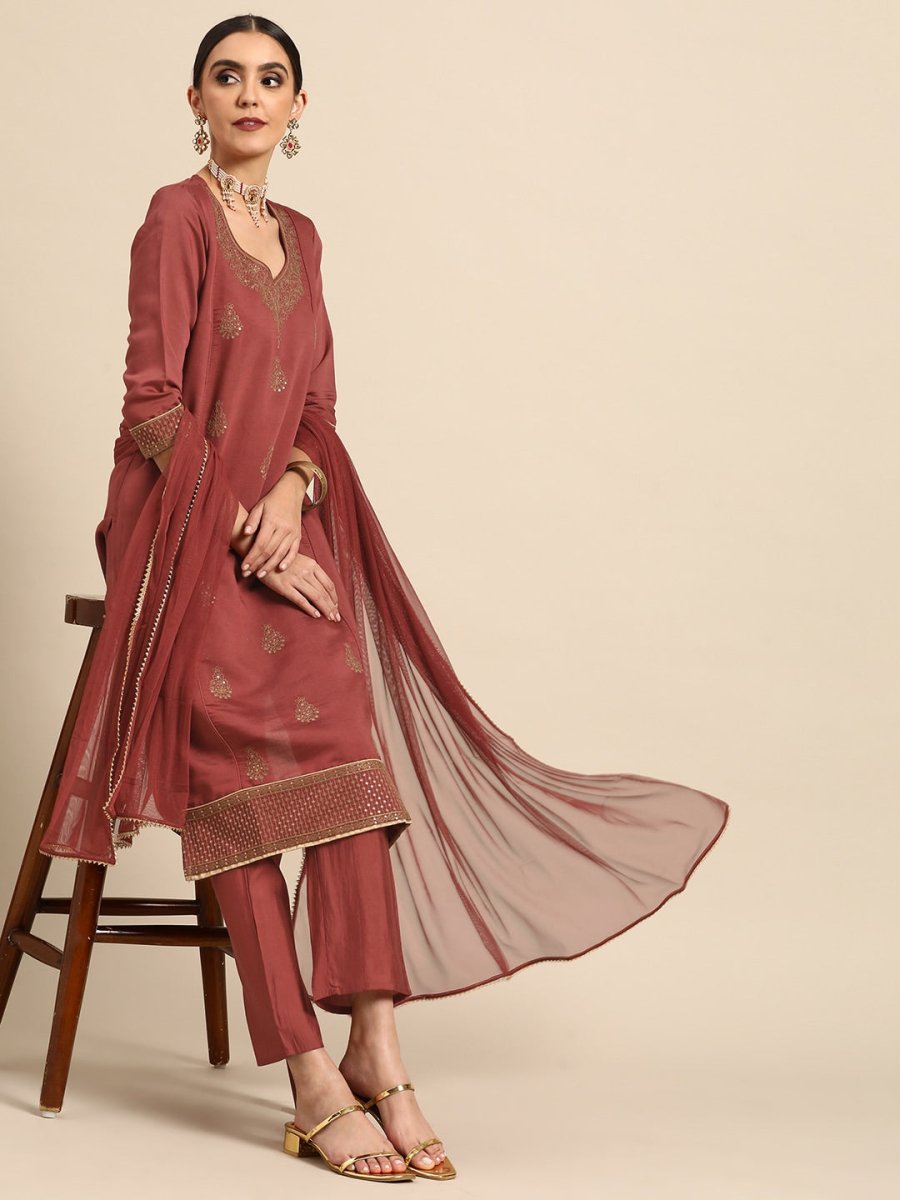 Anouk Women Rust Brown & Golden Ethnic Motifs Kurta with Trousers & With Dupatta - Distacart