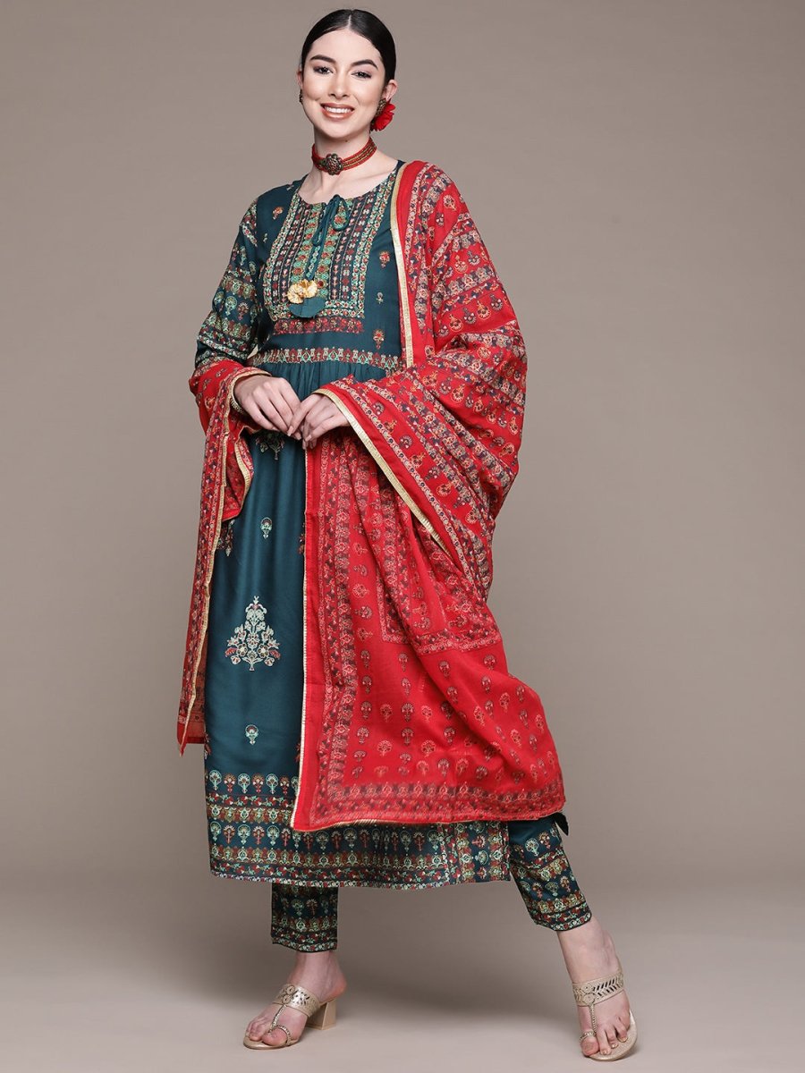 Anubhutee Women Teal Ethnic Motifs Thread Work Kurta with Palazzos & With Dupatta - Distacart