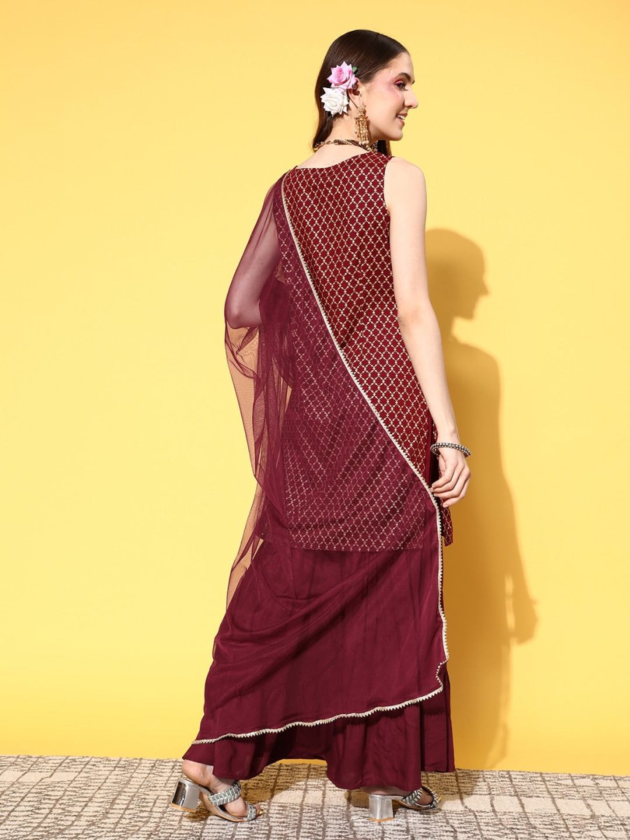 All About You Women Maroon Ethnic Motifs Printed Kurti with Fusion Bottoms & With Dupatta - Distacart