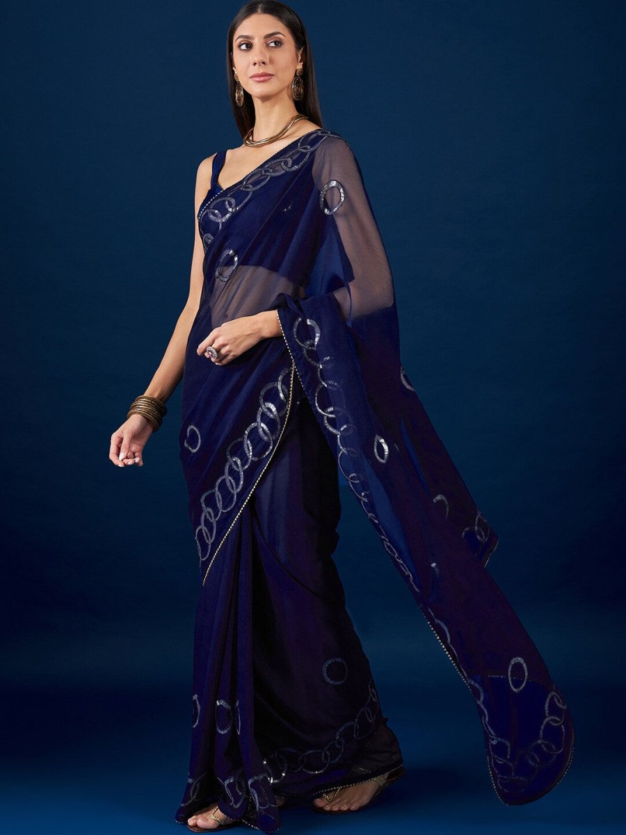 Anouk Blue Geometric Embroidered Sequinned Pure Chiffon Saree - Distacart