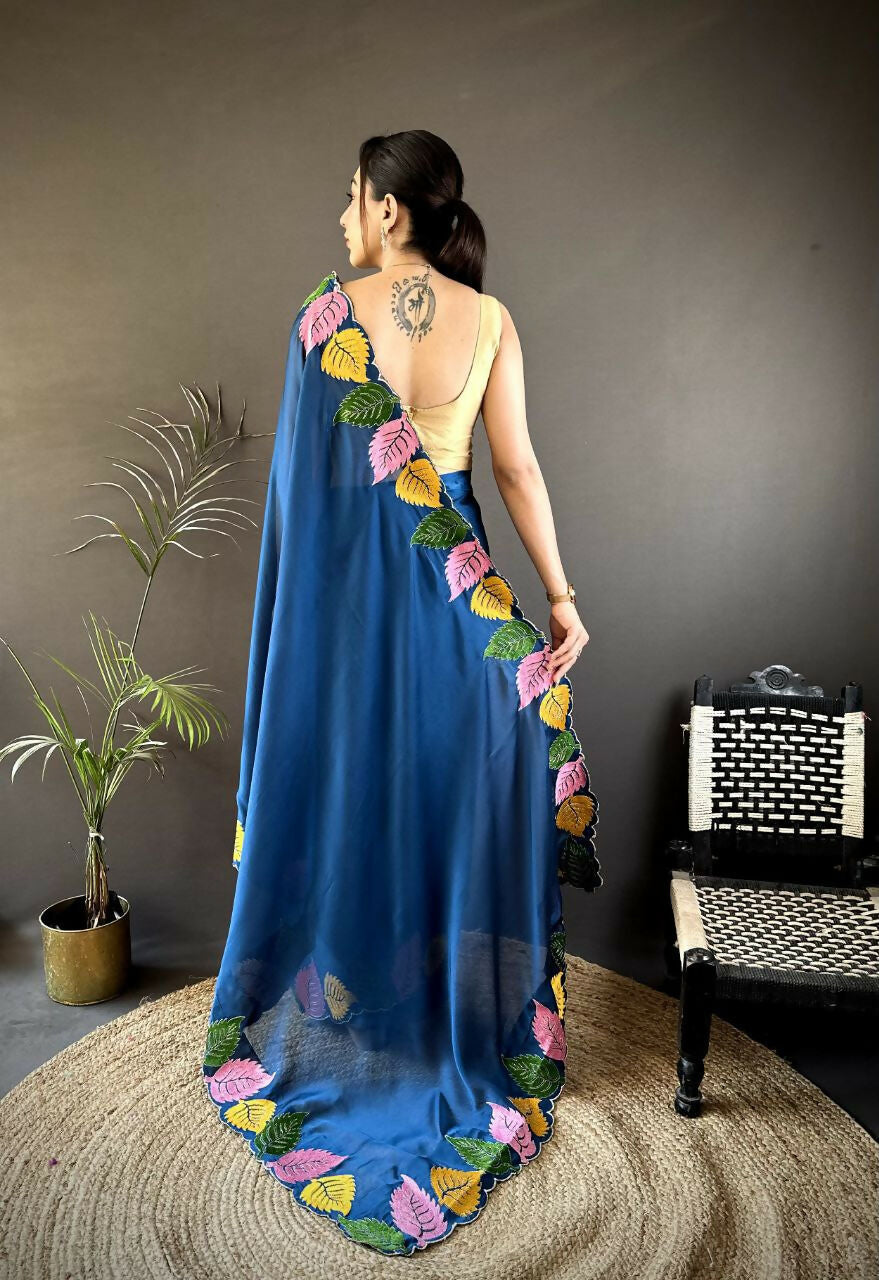 Prime Volt Multicolor Leaf Embroidery Rangoli Silk Saree with Scalloped Border-Blue - Dista