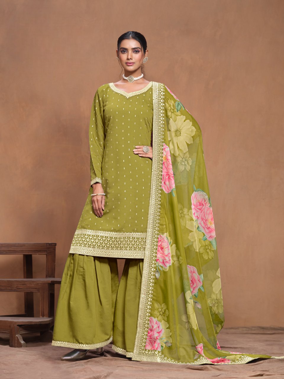 Anaita Green Embroidered Roman Silk Sharara Suit - Distacart