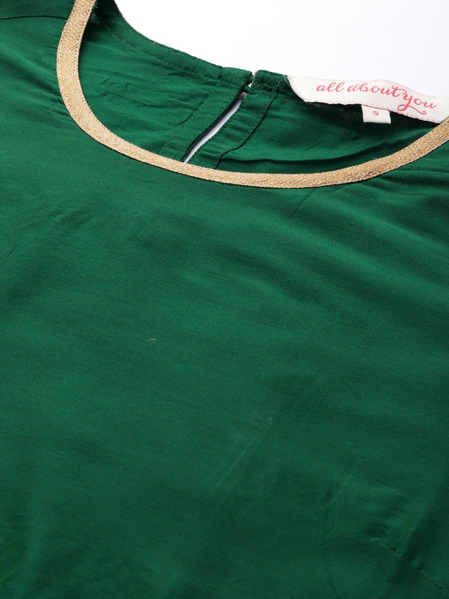 All About You Women Green & Gold Printed Regular Kurta with Trousers - Distacart