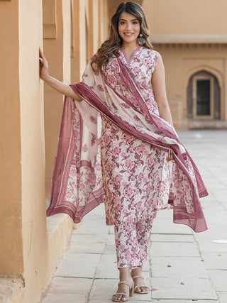 Kalini Floral Printed Thread Work Pure Cotton Kurta With Trouser & Dupatta - Distacart