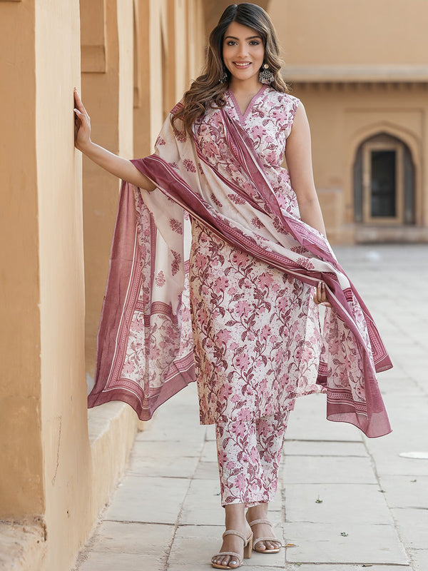 Kalini Floral Printed Thread Work Pure Cotton Kurta With Trouser & Dupatta - Distacart