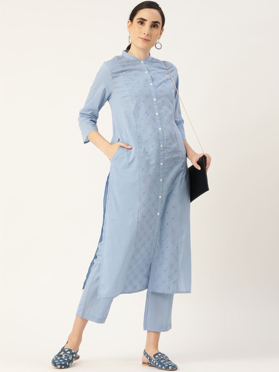 Anouk Women Blue Ethnic Motifs Embroidered Panelled Pure Cotton Kurta with Trousers - Distacart