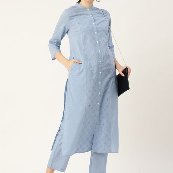 Anouk Women Blue Ethnic Motifs Embroidered Panelled Pure Cotton Kurta with Trousers - Distacart