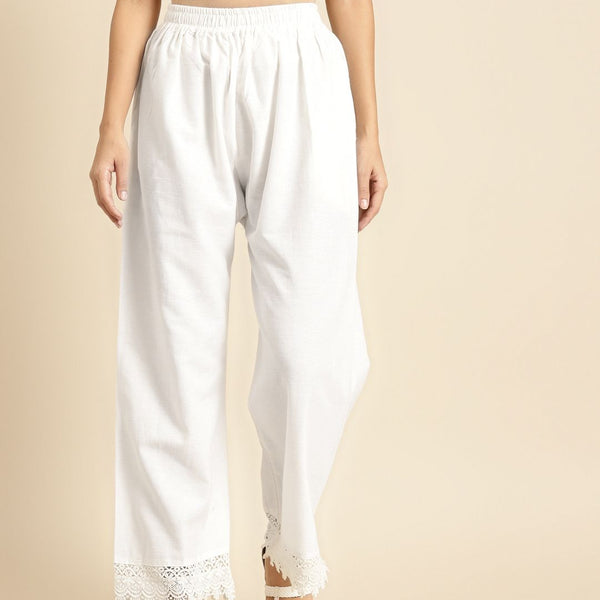TAG 7 Women White Solid Hem Design Straight Palazzos - Distacart