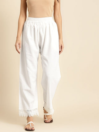 TAG 7 Women White Solid Hem Design Straight Palazzos - Distacart