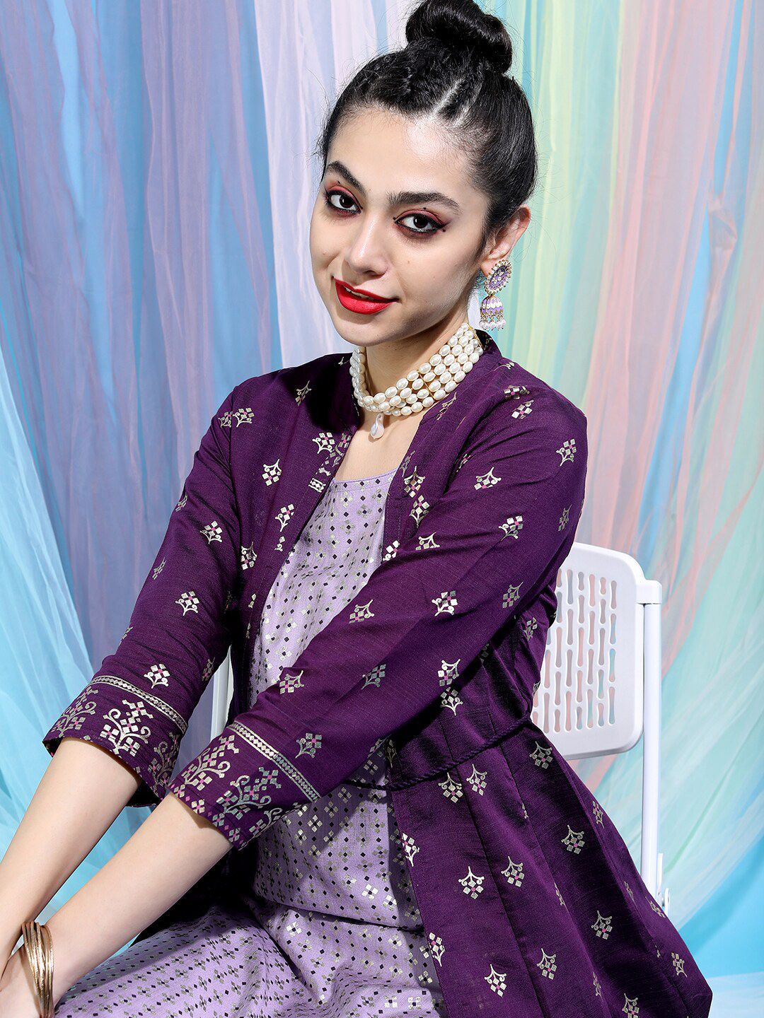 Vishudh Women Ethnic Motifs Printed Empire Kurta with Trousers & Jacket