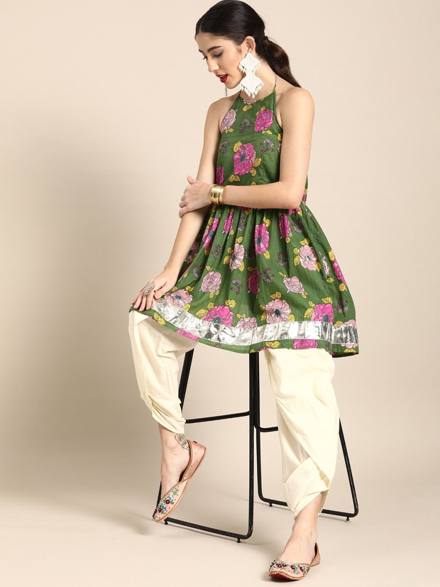Anouk Women Green & Off-White Floral Printed Pure Cotton Kurti with Dhoti Pants - Distacart