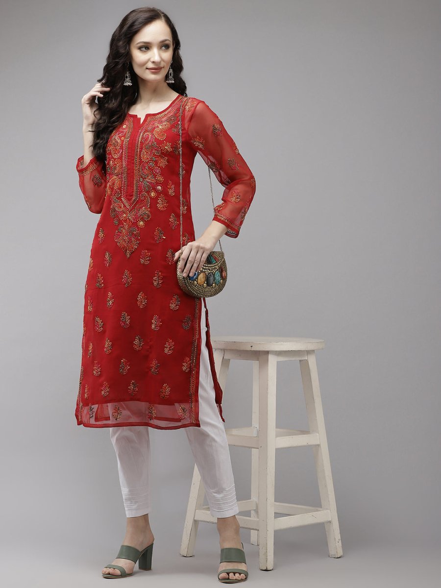 ADA Women Red Embroidered Regular Chikankari Kurta with Trousers - Distacart