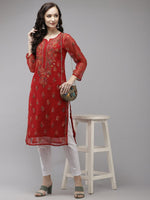 Thumbnail for ADA Women Red Embroidered Regular Chikankari Kurta with Trousers - Distacart