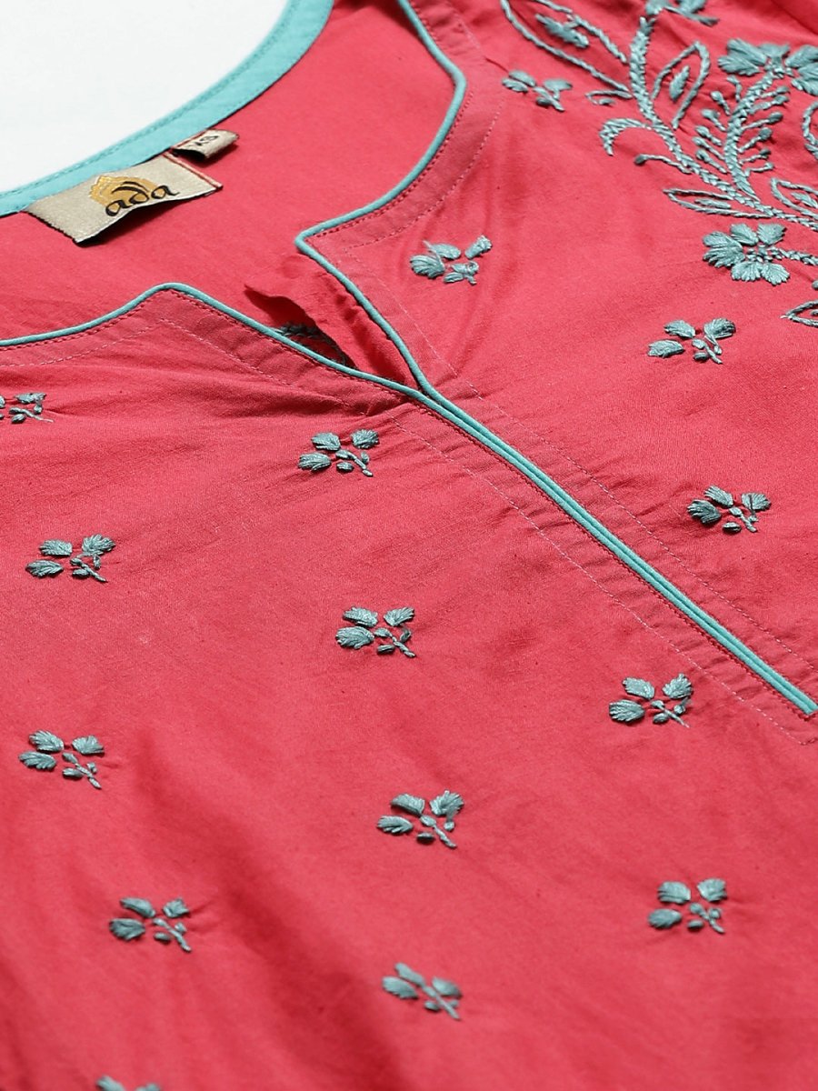 ADA Women Pink & Blue Chikankari Hand Embroidered Sustainable Handloom Kurta with Trousers - Distacart