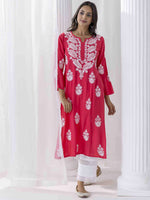 Thumbnail for HOUSE OF KARI Floral Chikankari Embroidered Notched Round Neck Straight Kurta - Distacart