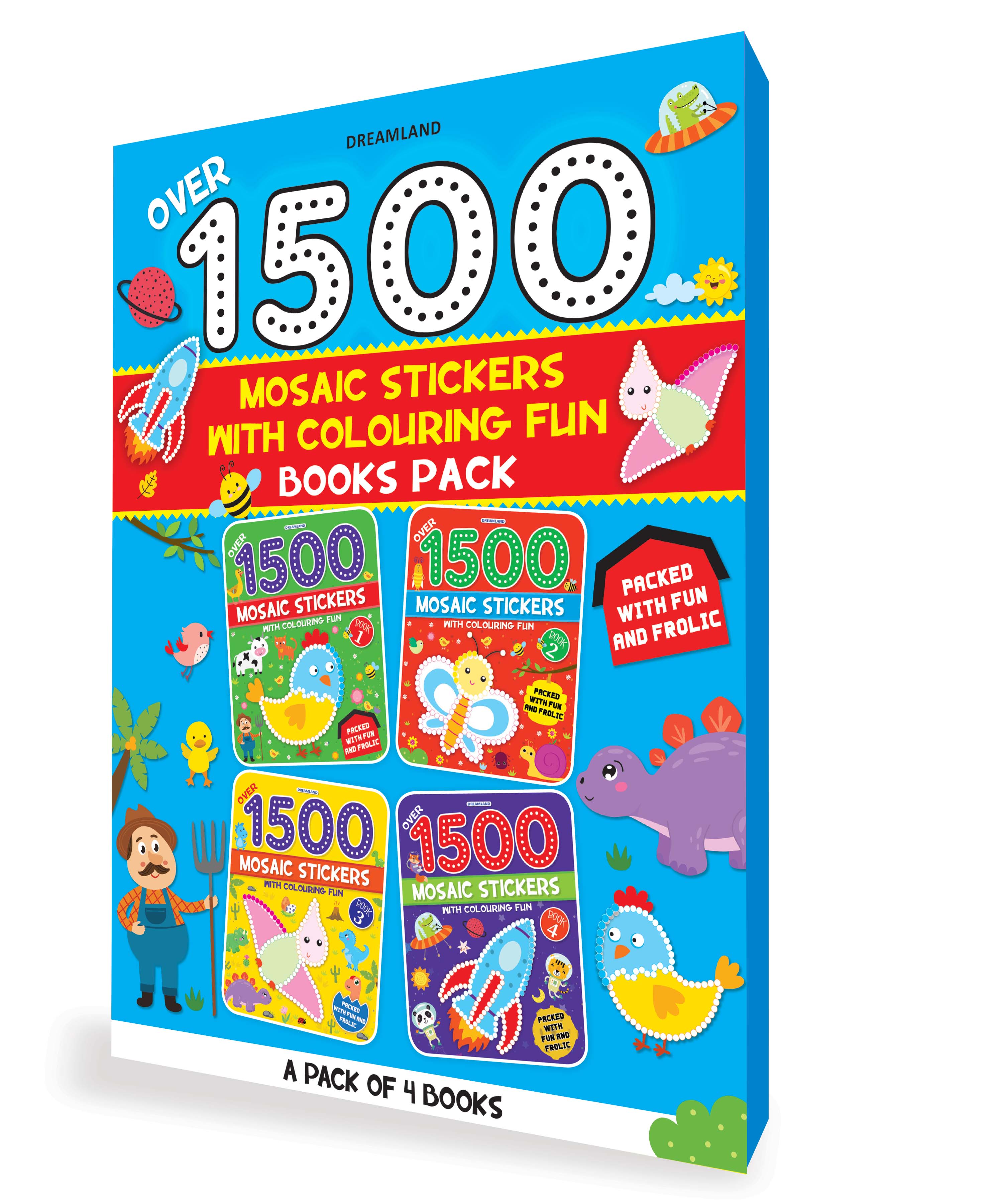 Dreamland Publications 1500 Mosaic Stickers with Colouring Fun Books Pack - A Set of 4 Books