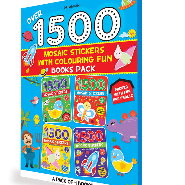 Dreamland Publications 1500 Mosaic Stickers with Colouring Fun Books Pack - A Set of 4 Books