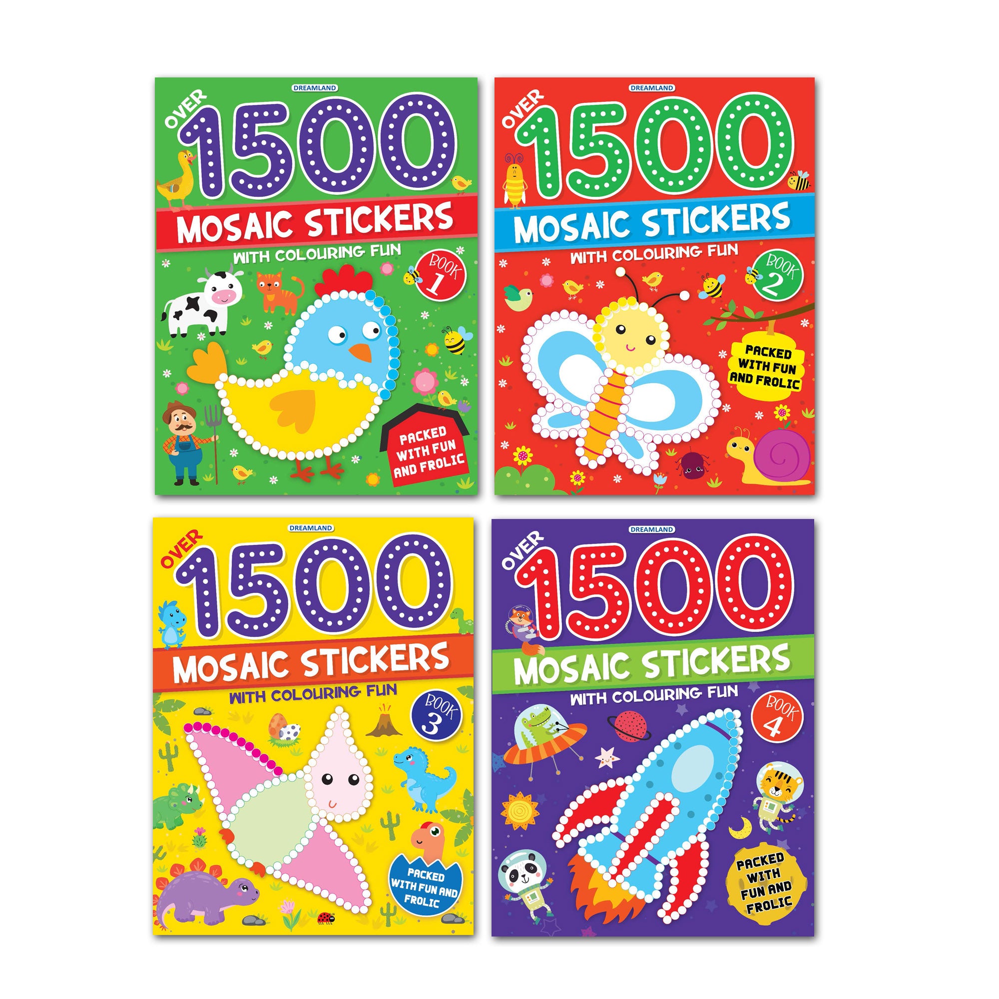 Dreamland Publications 1500 Mosaic Stickers with Colouring Fun Books Pack - A Set of 4 Books