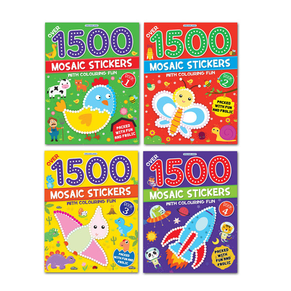 Dreamland Publications 1500 Mosaic Stickers with Colouring Fun Books Pack - A Set of 4 Books