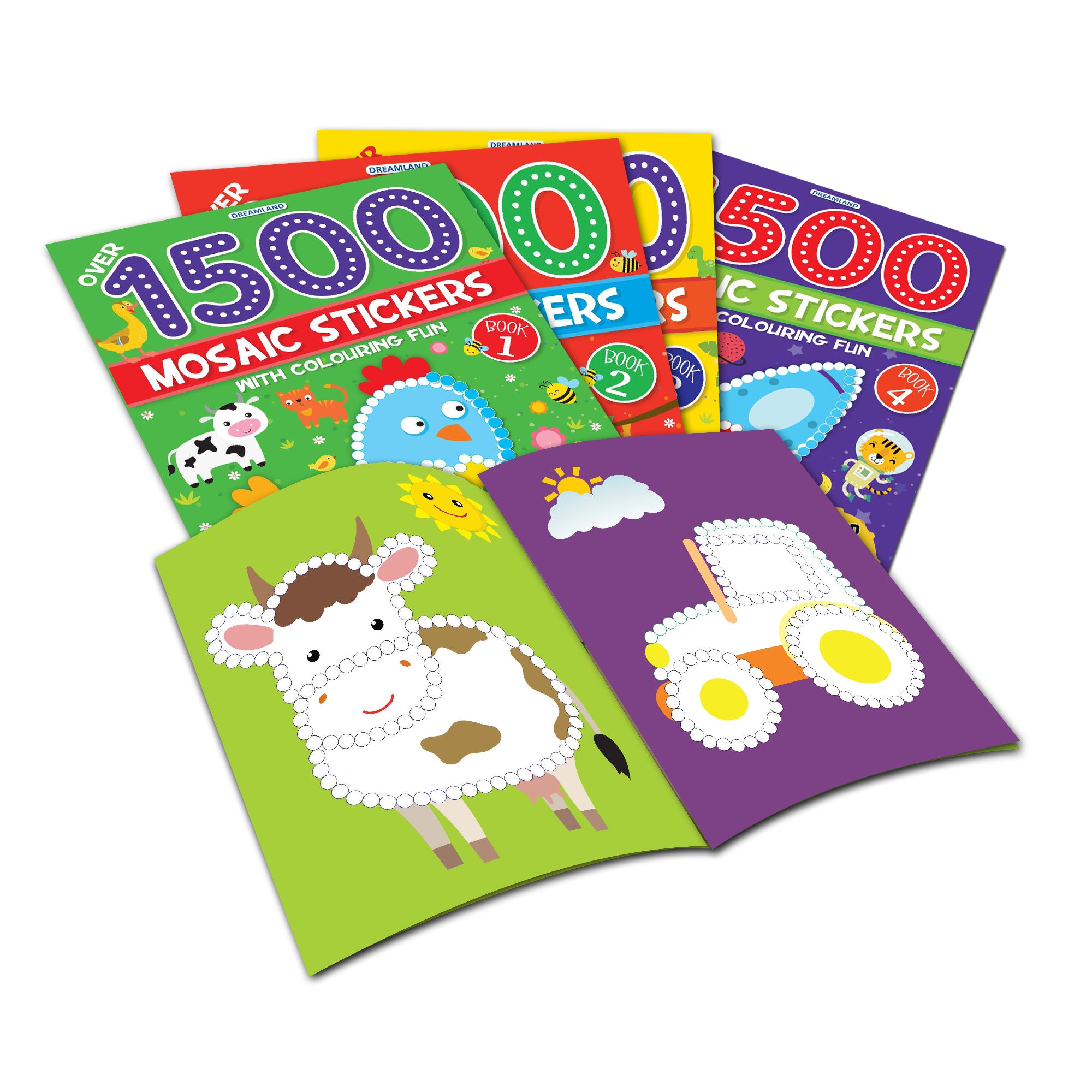 Dreamland Publications 1500 Mosaic Stickers with Colouring Fun Books Pack - A Set of 4 Books