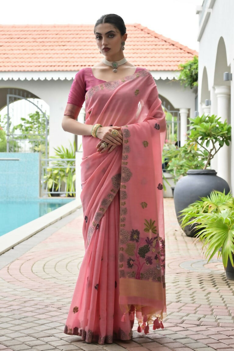 Vishnu Weaves Women's Pink Muga Cotton Thread Weaving Saree with Blouse