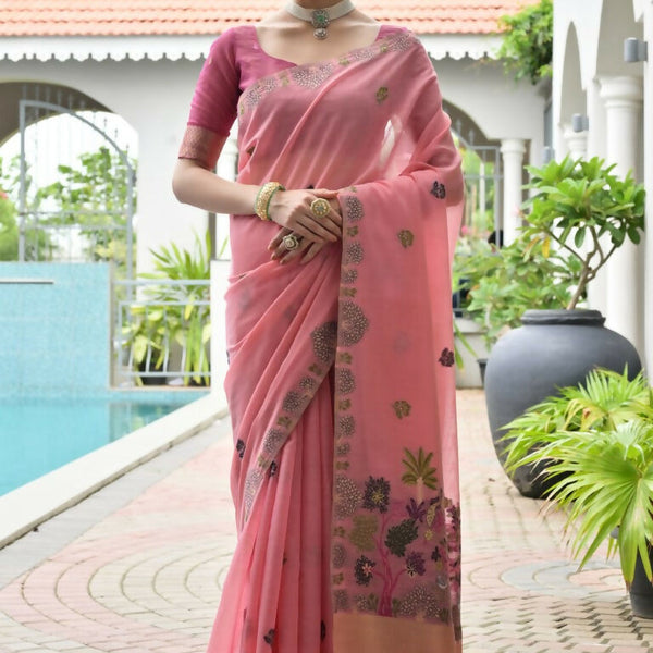 Vishnu Weaves Women's Pink Muga Cotton Thread Weaving Saree with Blouse