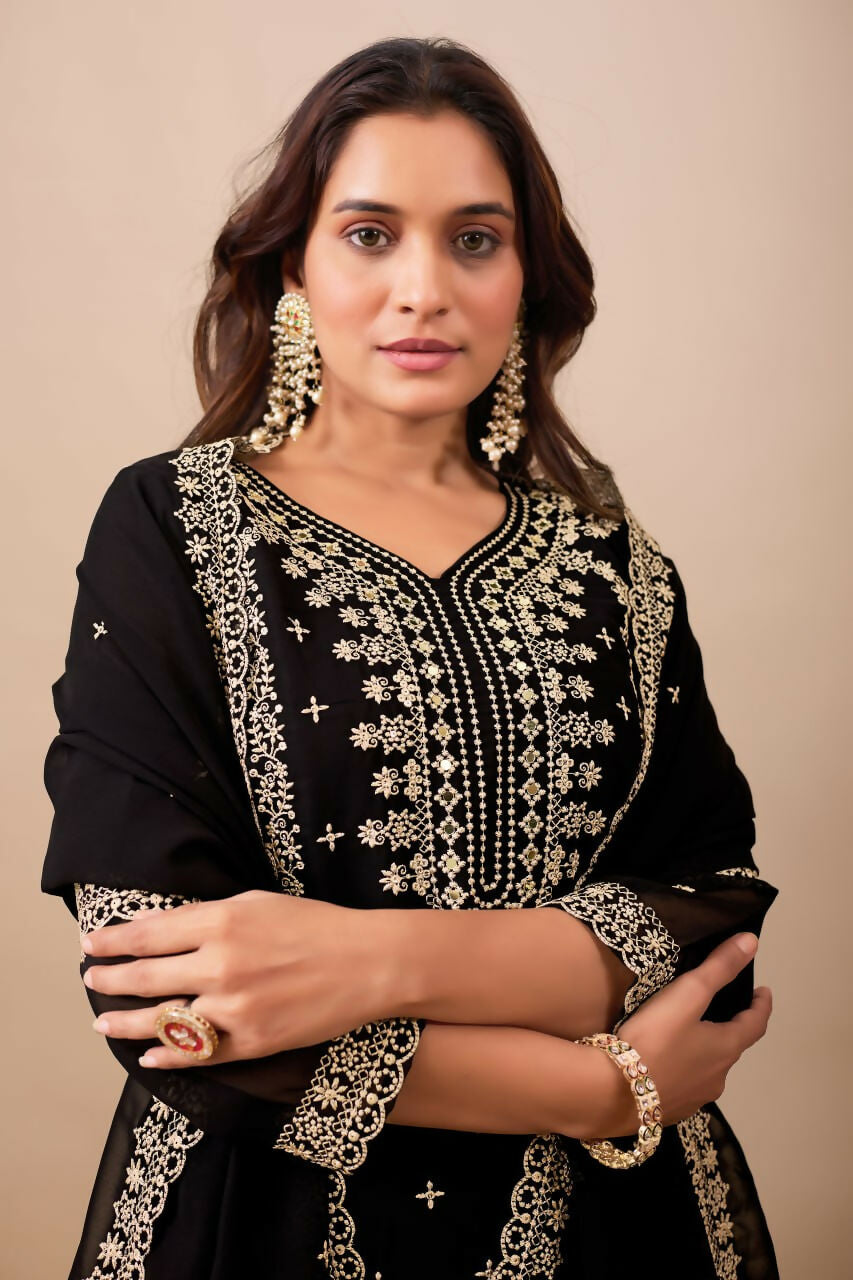 Joban Fashion Black Kurta Set Velvet Embroidery Sequence Work - Distacart