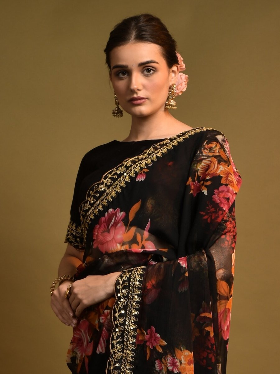 Anouk Black & Orange Floral Printed Embroidered Pure Georgette Saree - Distacart