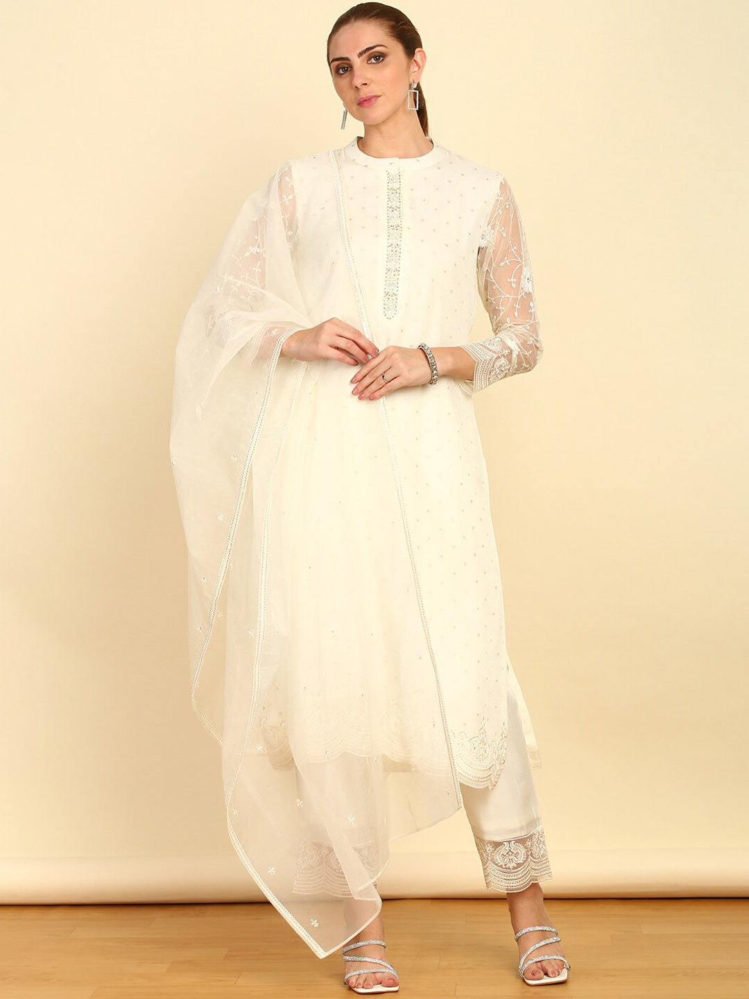Soch Floral Embroidered Sequinned Mandarin Collar Straight Kurta With Trousers & Dupatta - Distacart