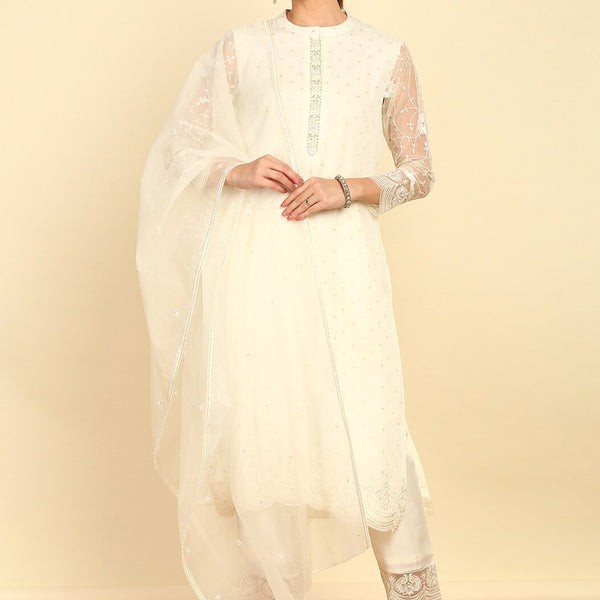Soch Floral Embroidered Sequinned Mandarin Collar Straight Kurta With Trousers & Dupatta - Distacart
